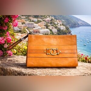 PRATESI FIRENZE B455 COGNAC ITALIAN LEATHER CLUTCH / WRISTLET BAG W GOLD  NWT